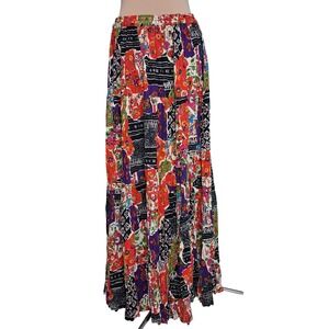 Cactus Flower Womens Patchwork Floral Tiered Broom Stick Maxi Skirt Rayon Boho